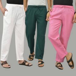Combo of 3 White Teal Blue and Pink Cotton Men Pants-45794
