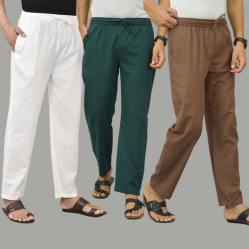 Combo of 3 White Teal Blue and Rust Brown Cotton Men Pants-45788