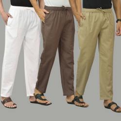 Combo of 3 White Wood Brown and Beige Cotton Men Pants-45784