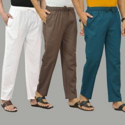 Combo of 3 White Wood Brown and Blue Cotton Men Pants-45786