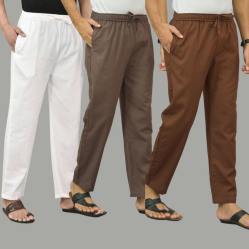 Combo of 3 White Wood Brown and Coffee Brown Cotton Men Pants-45782