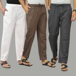 Combo of 3 White Wood Brown and Dark Gray Cotton Men Pants-45783