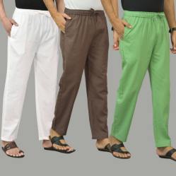 Combo of 3 White Wood Brown and Parrot Green Cotton Men Pants-45785