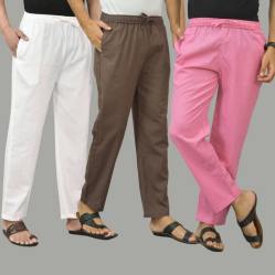 Combo of 3 White Wood Brown and Pink Cotton Men Pants-45787