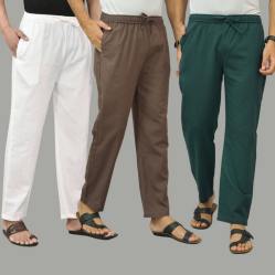 Combo of 3 White Wood Brown and Teal Blue Cotton Men Pants-45780