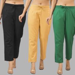 Combo of 3 Women Trouser Pants Cotton Flax Black Beige and Bottle Green-11584