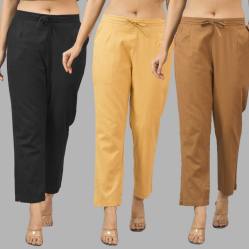Combo of 3 Women Trouser Pants Cotton Flax Black Beige and Brown-11579