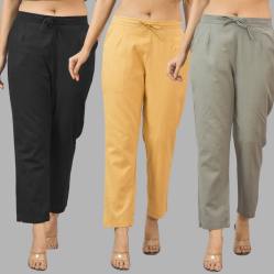 Combo of 3 Women Trouser Pants Cotton Flax Black Beige and Gray-11582