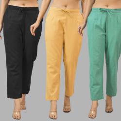 Combo of 3 Women Trouser Pants Cotton Flax Black Beige and Green-11581