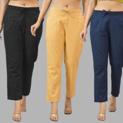 Combo of 3 Women Trouser Pants Cotton Flax Black Beige and Navy Blue-11580