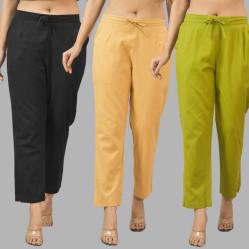 Combo of 3 Women Trouser Pants Cotton Flax Black Beige and Olive Green-11583