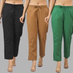 Combo of 3 Women Trouser Pants Cotton Flax Black Brown and Bottle Green-11589