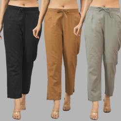 Combo of 3 Women Trouser Pants Cotton Flax Black Brown and Gray-11587