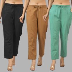 Combo of 3 Women Trouser Pants Cotton Flax Black Brown and Green-11586