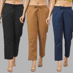 Combo of 3 Women Trouser Pants Cotton Flax Black Brown and Navy Blue-11585