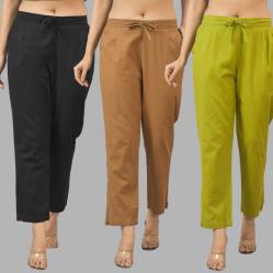 Combo of 3 Women Trouser Pants Cotton Flax Black Brown and Olive Green-11588