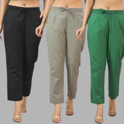 Combo of 3 Women Trouser Pants Cotton Flax Black Gray and Bottle Green-11598