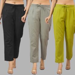 Combo of 3 Women Trouser Pants Cotton Flax Black Gray and Olive Green-11597
