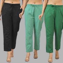 Combo of 3 Women Trouser Pants Cotton Flax Black Green and Bottle Green-11596
