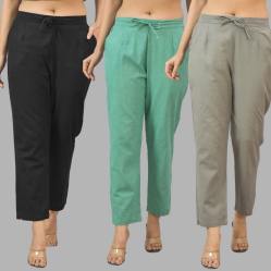Combo of 3 Women Trouser Pants Cotton Flax Black Green and Gray-11594