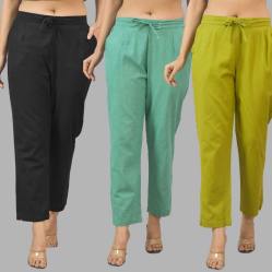 Combo of 3 Women Trouser Pants Cotton Flax Black Green and Olive Green-11595