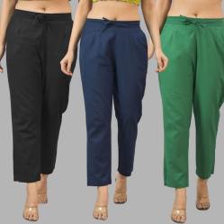 Combo of 3 Women Trouser Pants Cotton Flax Black Navy Blue and Bottle Green-11593