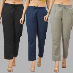 Combo of 3 Women Trouser Pants Cotton Flax Black Navy Blue and Gray-11591