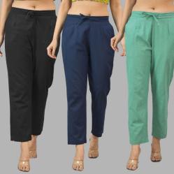 Combo of 3 Women Trouser Pants Cotton Flax Black Navy Blue and Green-11590