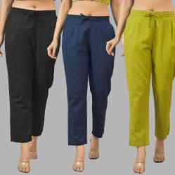 Combo of 3 Women Trouser Pants Cotton Flax Black Navy Blue and Olive Green-11592