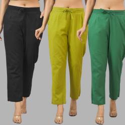 Combo of 3 Women Trouser Pants Cotton Flax Black Olive Green and Bottle Green-11599