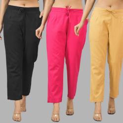 Combo of 3 Women Trouser Pants Cotton Flax Black Pink and Beige-11572