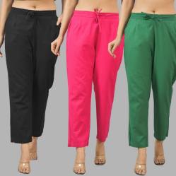 Combo of 3 Women Trouser Pants Cotton Flax Black Pink and Bottle Green-11578