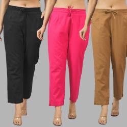 Combo of 3 Women Trouser Pants Cotton Flax Black Pink and Brown-11573