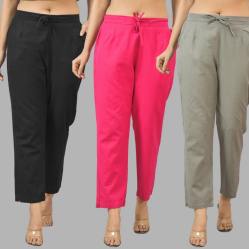 Combo of 3 Women Trouser Pants Cotton Flax Black Pink and Gray-11576