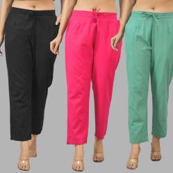 Combo of 3 Women Trouser Pants Cotton Flax Black Pink and Green-11575