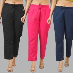 Combo of 3 Women Trouser Pants Cotton Flax Black Pink and Navy Blue-11574