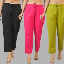Combo of 3 Women Trouser Pants Cotton Flax Black Pink and Olive Green-11577
