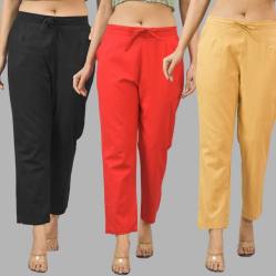 Combo of 3 Women Trouser Pants Cotton Flax Black Red and Beige-11548
