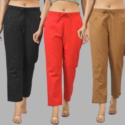 Combo of 3 Women Trouser Pants Cotton Flax Black Red and Brown-11549