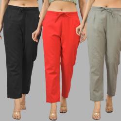 Combo of 3 Women Trouser Pants Cotton Flax Black Red and Gray-11552