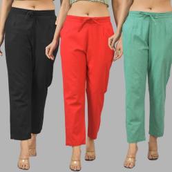 Combo of 3 Women Trouser Pants Cotton Flax Black Red and Green-11551