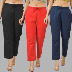 Combo of 3 Women Trouser Pants Cotton Flax Black Red and Navy Blue-11550