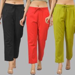 Combo of 3 Women Trouser Pants Cotton Flax Black Red and Olive Green-11553