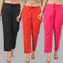 Combo of 3 Women Trouser Pants Cotton Flax Black Red and Pink-11547