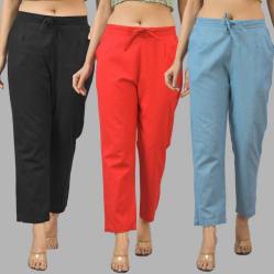 Combo of 3 Women Trouser Pants Cotton Flax Black Red and Sky Blue-11546