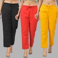 Combo of 3 Women Trouser Pants Cotton Flax Black Red and Yellow-11545