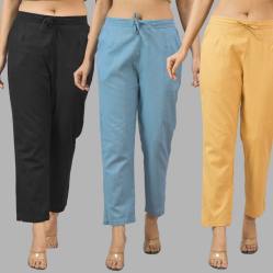 Combo of 3 Women Trouser Pants Cotton Flax Black Sky Blue and Beige-11565