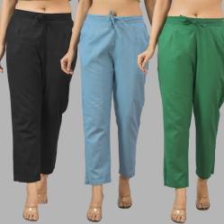 Combo of 3 Women Trouser Pants Cotton Flax Black Sky Blue and Bottle Green-11571