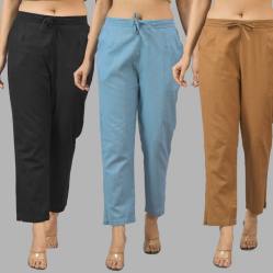 Combo of 3 Women Trouser Pants Cotton Flax Black Sky Blue and Brown-11566