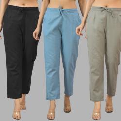 Combo of 3 Women Trouser Pants Cotton Flax Black Sky Blue and Gray-11569